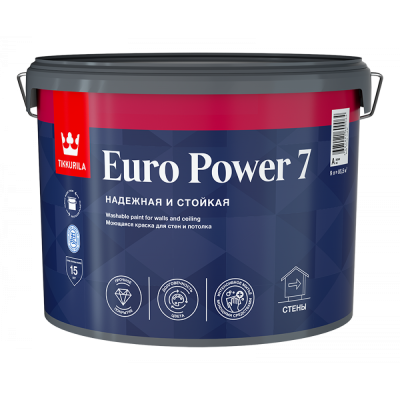 TIKKURILA EURO POWER 7 краска моющаяся для стен и потолка, матовая, база A 9 л